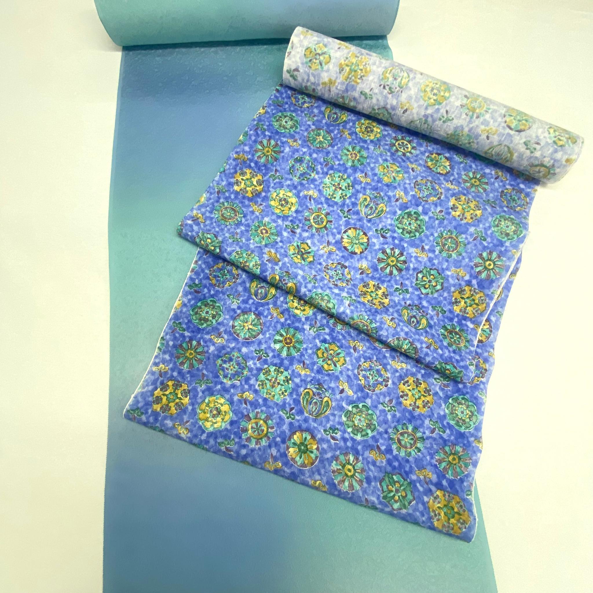 《未仕立て》手染め摺型友禅紬帯 全通京更紗柄【青】 | 2枚目